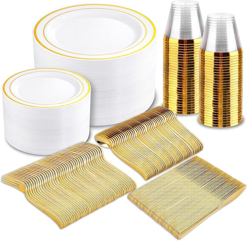 Wellife 600 Pcs Disposable Plates for Christmas wedding party ，100 Guests Dinnerware Set of 100 Dinner Plates, 100 Salad Plates, 100Spoons, Forks, Knives, Cups Pack dinner plate