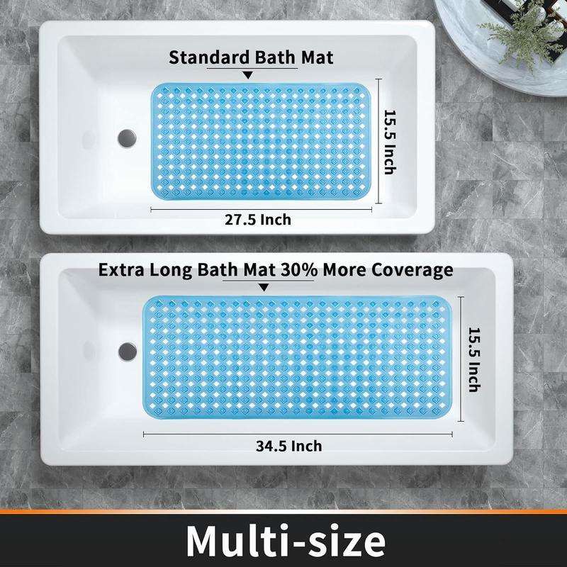 Clean Blue Bathtub Mat (34.5 x 15.5 Inches) - Non Slip, with Drain Holes & Suction Cups! Machine Washable, BPA Latex Phthalate Free.