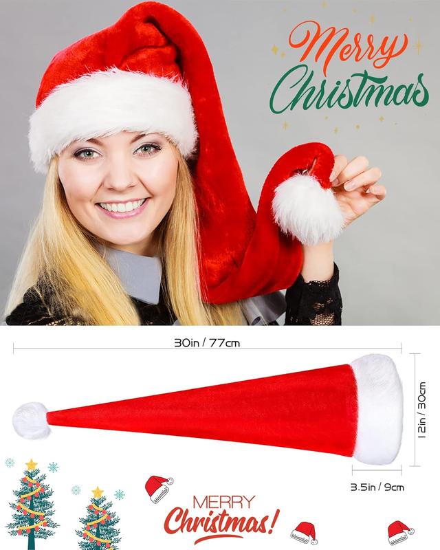 Long Santa Hat for Adult Unisex, Soft  Xmas Hat, Fluffy White  Trim, Fuzzy Santa Clause Hat for Christmas Party