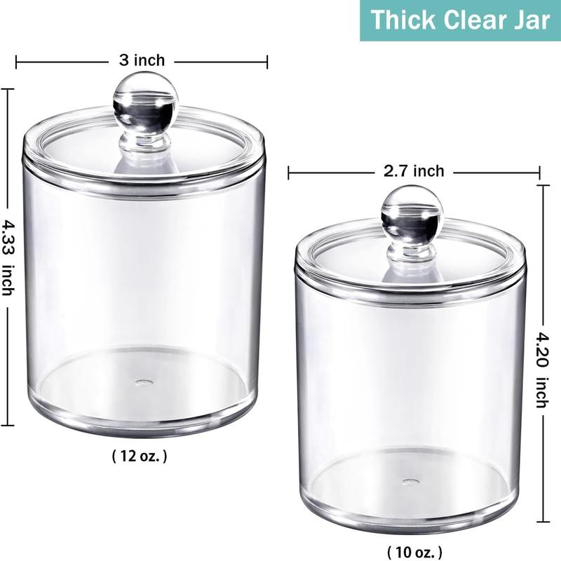 4 Pack. Plastic  Bathroom Vanity Countertop Canister Jars with Storage Lid,  Jars Qtip Holder Makeup Organizer for Cotton Balls,Swabs,Pads,Bath salts (Clear, 12oz&10oz)