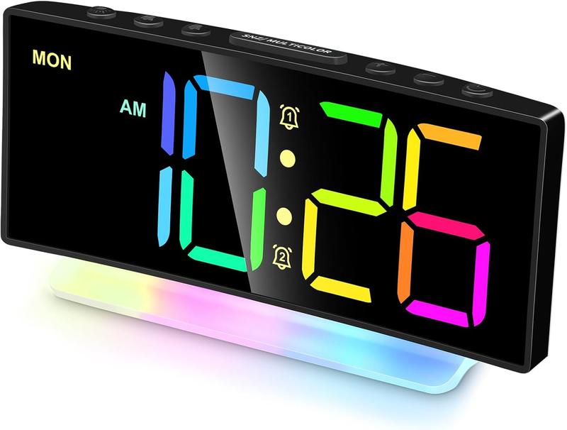 Extra Loud Alarm Clock for Heavy Sleepers Adults,Teens,,Rainbow Clock for Bedrooms,Small Bedside Digital Clock with Large Display,7 Color Night Light,12 24h(Black+Dynamic)