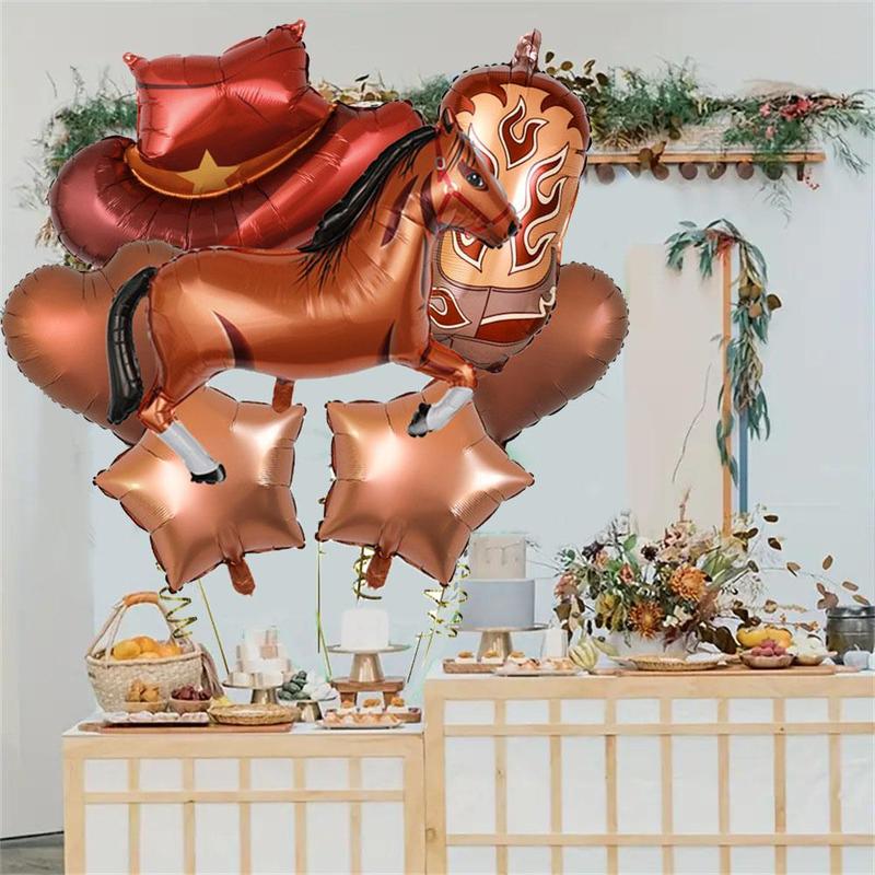 Cowboy Theme Balloon Set, 7 Counts set Horse & Cowboy Boots & Hat & Heart & Star Shape Inflatable Balloon, Birthday Party, Western Wild Party Decorative Supplies