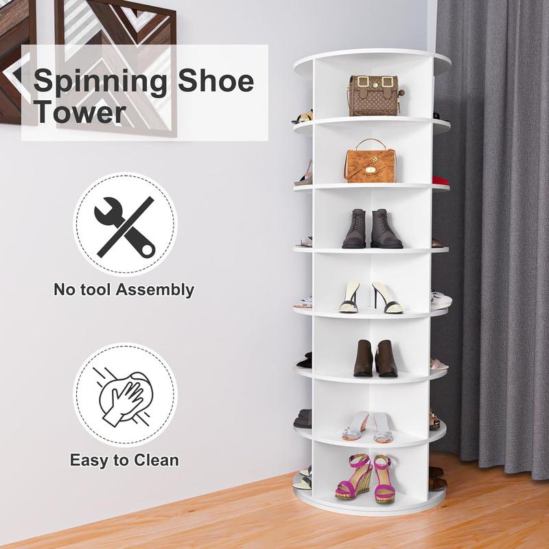 7 Tier Rotating Shoe Rack Tower, Rotating Shoe Display Rack, 360 Shoe Rack Storage Round Carousel, Vertical Carousel Shoe Organiser, Christmas Home Decor, White