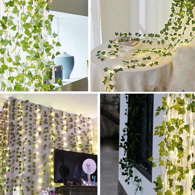 18Pack Set Fake Ivy Vines 7.05FT 12 Pack Artificial Ivy Leaf Plants Vine With 6Pcs 200cm LED String Light,Green Vines Garland Hanging For Home Kitchen Office Wedding Wall Decor, For Living Room Classroom Decor