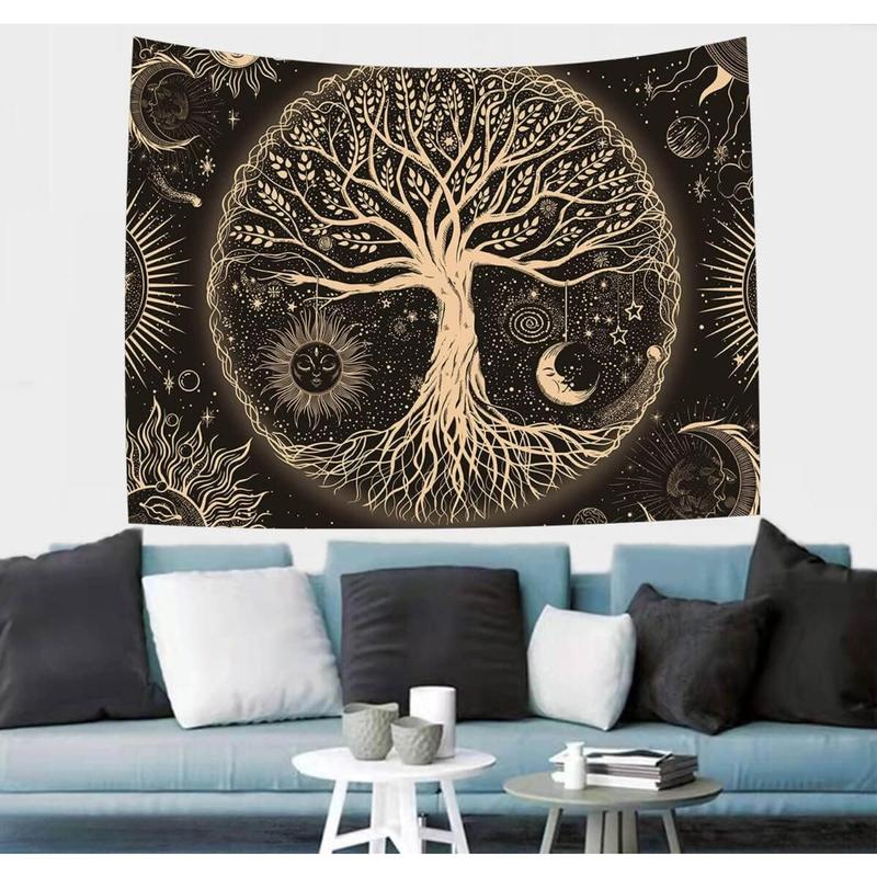 Tree of Life Tapestry Wall Hanging Sun Moon Stars Tapestries Aesthetic Galaxy Wall Tapestry Nature Home Decoration for Living Room Bedroom(36 x 48 Inch, Black and Gold)