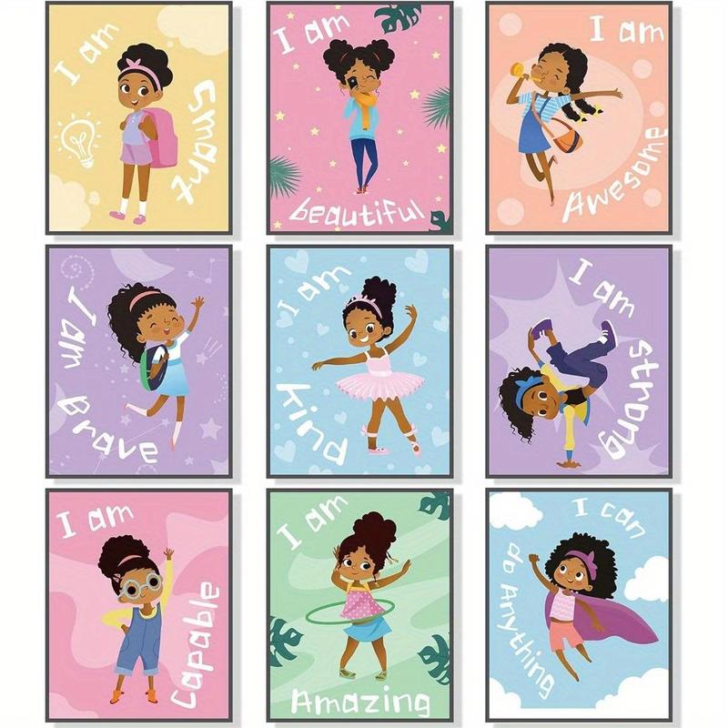  Little Girl & Letter Pattern Wall Art without Frame, 9pcs set Frameless Black Girl Wall Painting Art Decor, Motivational Posters for Girls Bedroom, Art Paint for Girls Teen Wall Decorations