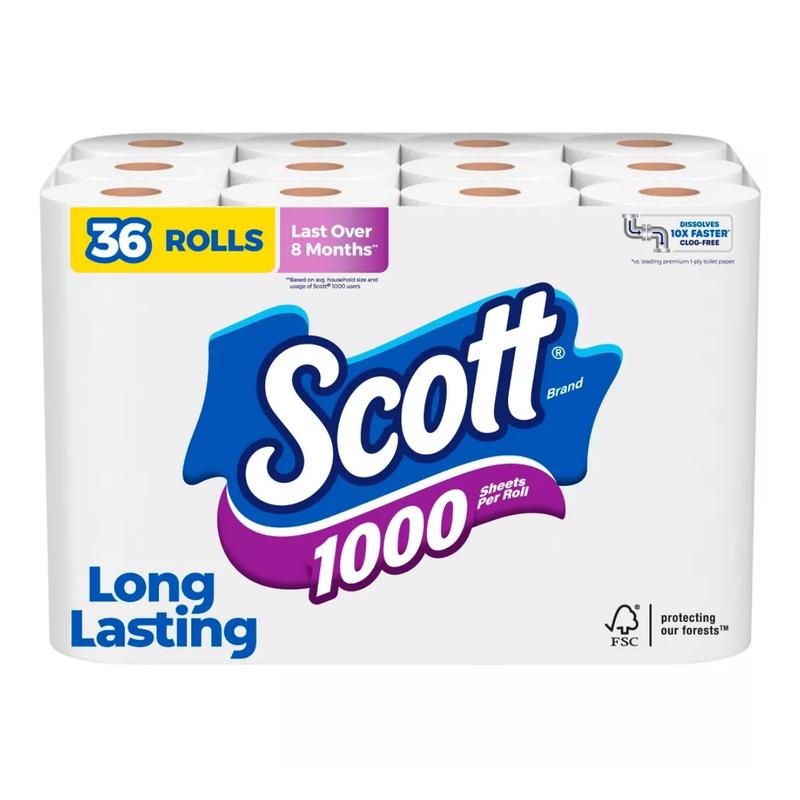 Scott 1000 Septic-Safe 1-Ply Toilet Paper 36 rolls of Scott 1000 Toilet Paper, 1-ply, 1000 sheets per roll​ 104.80 square feet per roll, 3,772.80 square feet total