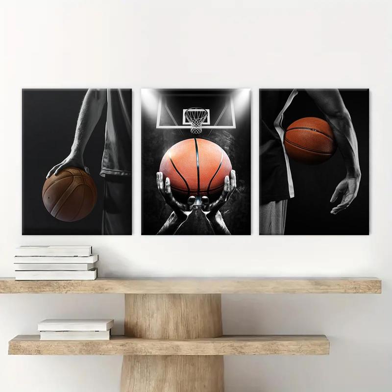 Basketball Themed Wooden Framed Canvas Painting, 3 Counts Modern Basketball Sports Wall Art, Wall Decor for Home Living Room Bedroom Office