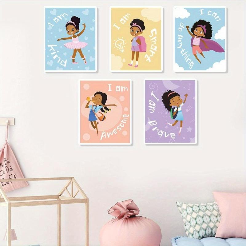  Little Girl & Letter Pattern Wall Art without Frame, 9pcs set Frameless Black Girl Wall Painting Art Decor, Motivational Posters for Girls Bedroom, Art Paint for Girls Teen Wall Decorations