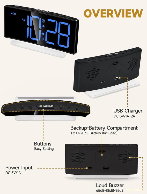 Extra Loud Alarm Clock for Heavy Sleepers Adults,Teens,,Rainbow Clock for Bedrooms,Small Bedside Digital Clock with Large Display,7 Color Night Light,12 24h(Black+Dynamic)