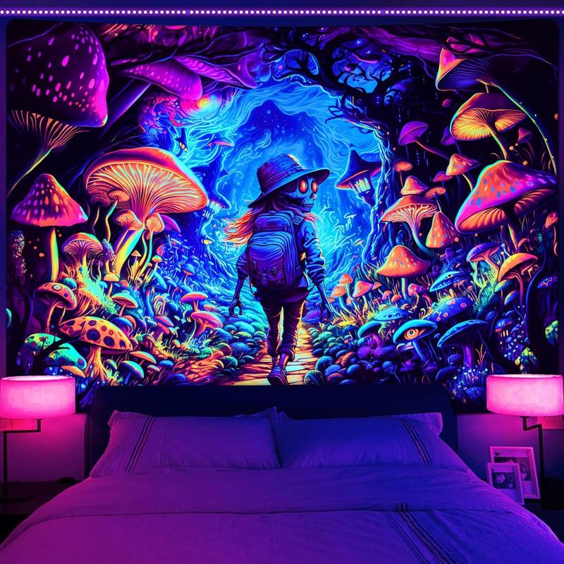 AtawLege Blacklight Mushroom Tapestry Hippie Skull Tapestries UV Reactive Forest Tapestry Cool Eyes Home Decor Aesthetic Cartoon Tapestry Wall Hanging for Teen Girls Bedroom