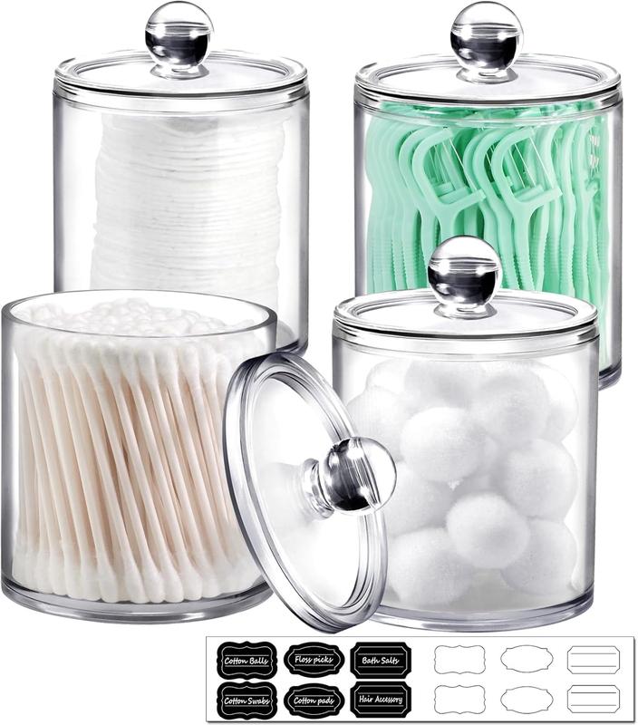 4 Pack. Plastic  Bathroom Vanity Countertop Canister Jars with Storage Lid,  Jars Qtip Holder Makeup Organizer for Cotton Balls,Swabs,Pads,Bath salts (Clear, 12oz&10oz)