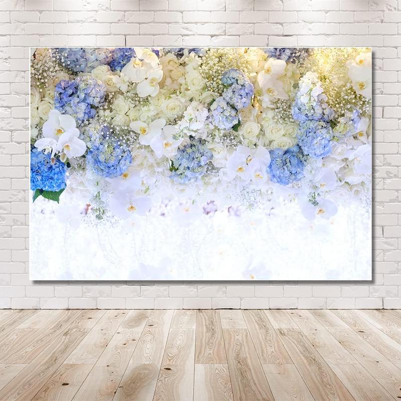 7x5ft Spring White Blue Flower  Glitter Photography Backdrop Rose Floral Wall Wedding Bridal Shower Background Ladies  Party Girls Portrait Lovers Annivery Photo Studio Props