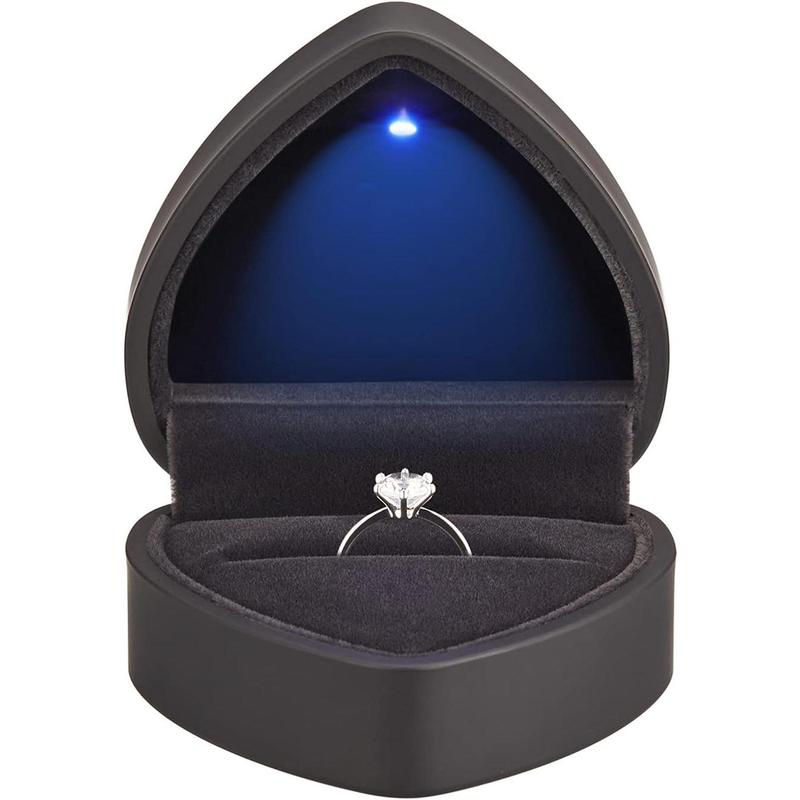 Heart Shaped Ring Gift Box with LED Light, Velvet Earrings Jewelry Case with Light, Jewellry Display Box for Wedding, Engagement, Proposal, Birthday and Anniversary (Black)