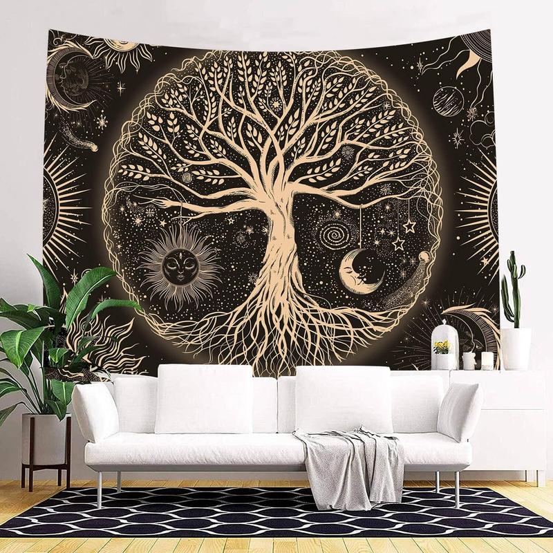 Tree of Life Tapestry Wall Hanging Sun Moon Stars Tapestries Aesthetic Galaxy Wall Tapestry Nature Home Decoration for Living Room Bedroom(36 x 48 Inch, Black and Gold)