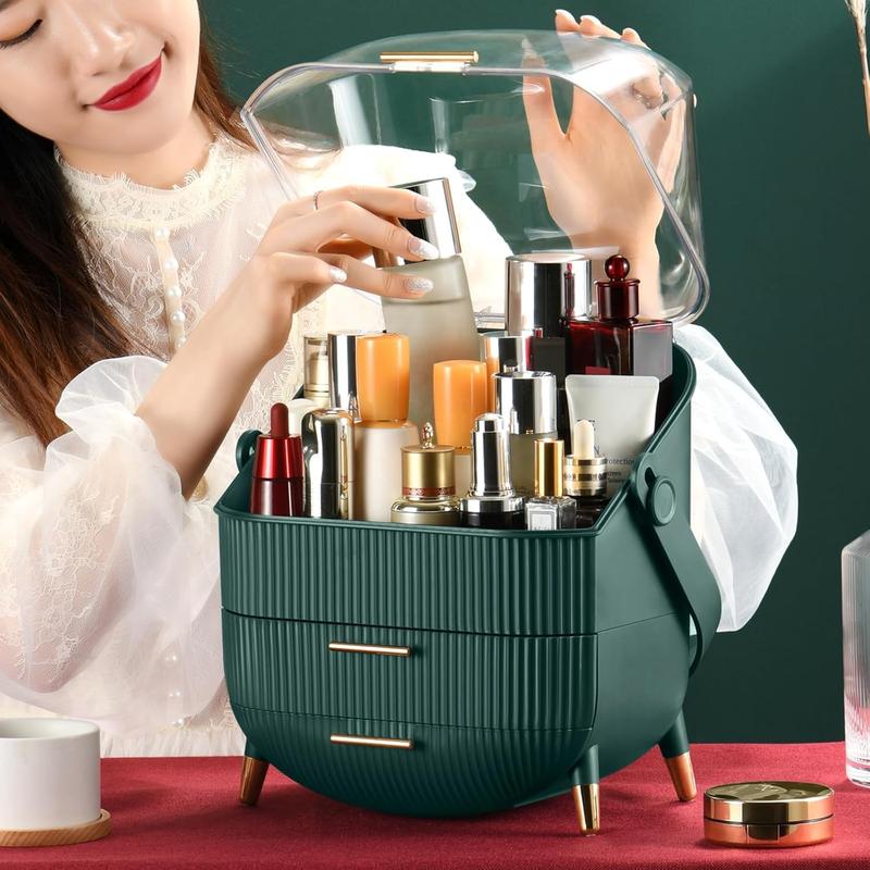 Makeup Organizer,Skincare Organizer with 2 Drawers and Brush Storage Box,Lipstick Holder,Cosmetic Display Case for Vanity Organizer and Bathroom Countertop Storage.(Green)