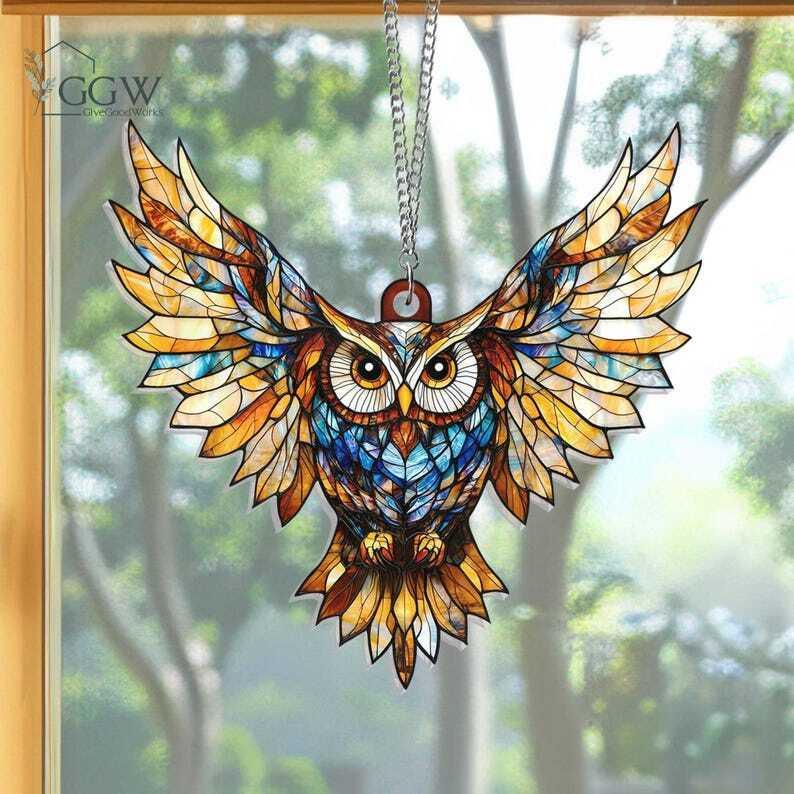 Owl Suncatcher Hanging Sign, Flying Owl Window Hanging, Owl Ornament, Owl Lover Gift, Bird Home Decor, Bird Lover Gift, Housewarming gift