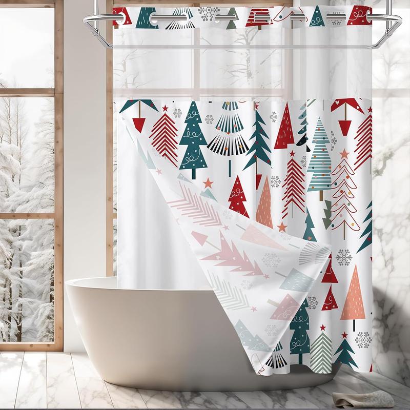 No Hook Christmas Shower Curtain, Winter Xmas Tree Snowflake Pattern  Year Holiday Home Bathroom Bathtubs Decor with Snap in Liner,  Polyester Fabric Bathroom Curtain 71X74inch