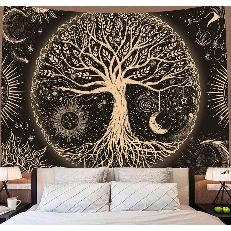 Tree of Life Tapestry Wall Hanging Sun Moon Stars Tapestries Aesthetic Galaxy Wall Tapestry Nature Home Decoration for Living Room Bedroom(36 x 48 Inch, Black and Gold)