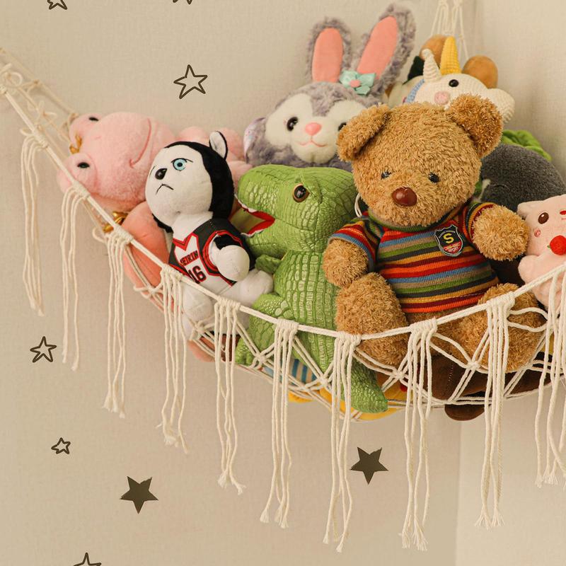 Boho Stuffed Animals Net, 55 Inch Toy Hammock Macrame Plush Toy Organizer with Hooks for Bedroom and Nursery