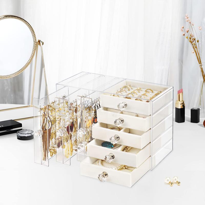 Clear Acrylic Jewelry Box with 4 Drawers - Stackable Velvet Earring Display Holder for Women, Little Girls Organiser