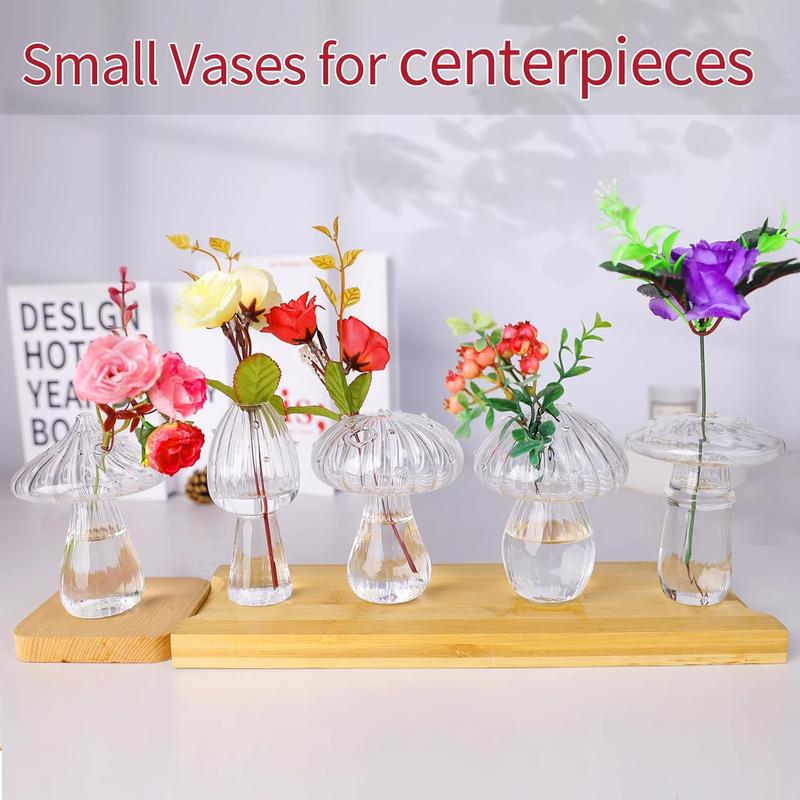 5 PCS Mushroom Shaped Glass Vase Set with Decorative Ornaments, Clear Hydroponic Planters for Flowers & Plants, Centerpiece Table Decor, Wedding & Party Home Decorations