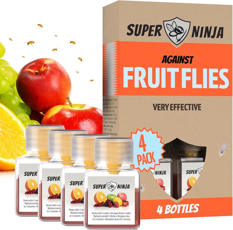 Super Ninja Fruit Fly Traps for Indoors - 4 Traps - Highly Effective Eco-Friendly Fruit Fly Catcher for Indoors - Pet and Child Safe - Up to 3 Weeks per Bottle