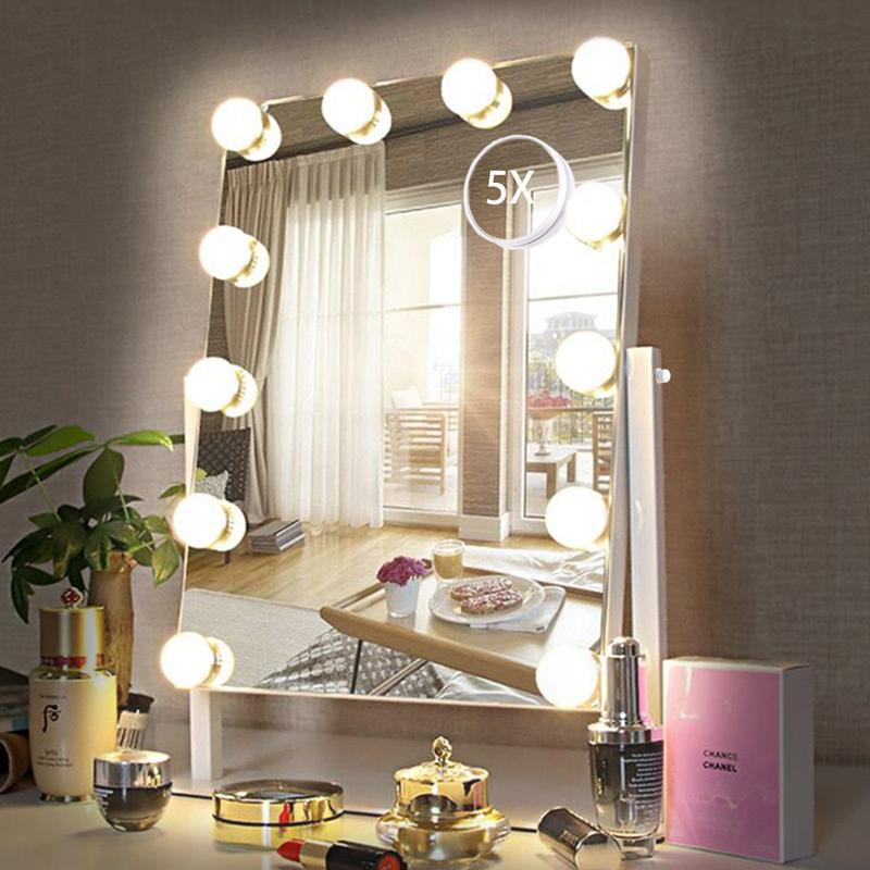 HIEEY Hollywood Vanity Mirror with 12 Dimmable Bulbs Lights , Three Color Lighting Modes, and 5X Magnification , Smart Touch Control, 360°Rotation (White,Gift Box)