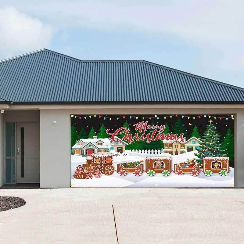 Christmas Themed Garage Door Cover, Windproof & Snowproof Garage Door Banner, Festive & Party Supplies for Home Decor