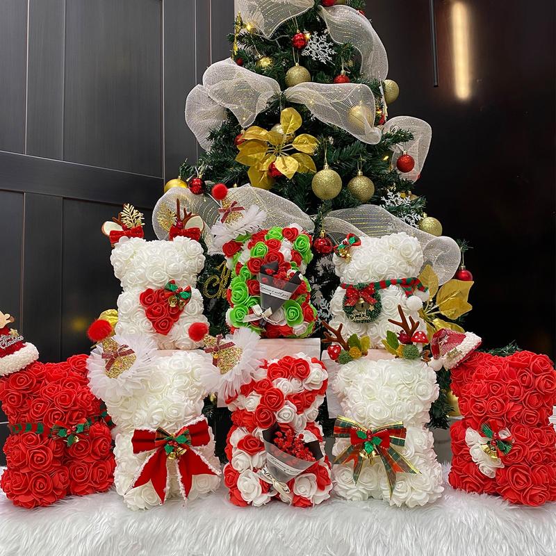 Christmas Themed Bear with Bowknot & Hat Decor, 1 Count Cute Simulated Rose Bear Ornaments, Romantic Gift for Women & Girls, Party Decoration Supplies