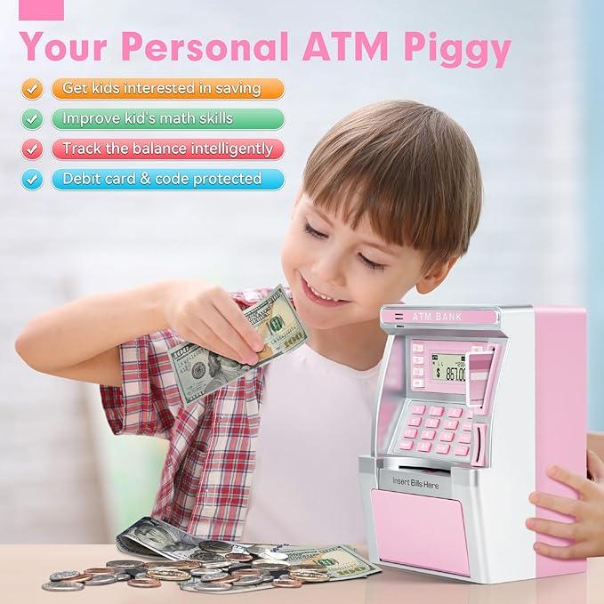 Pink Piggy Bank for Kids, ATM Machine Bank for Real Money with Debit Card, Bill Feeder, Coin Recognition, Balance Calculator, Electronic Savings Safe Box, Gifts for Teen Boy Girl