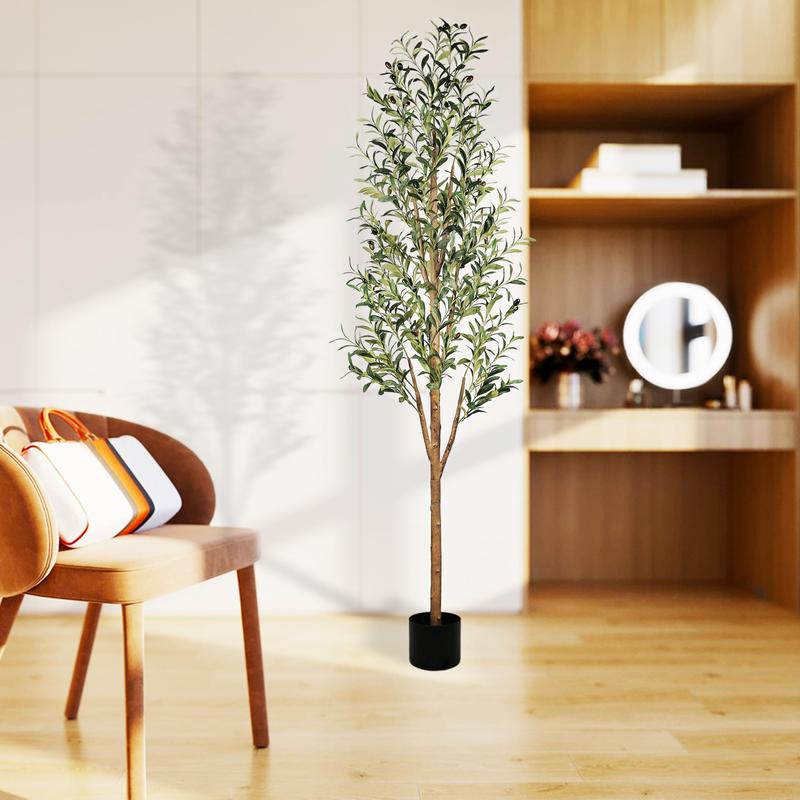 6FT Artificial Olive Tree, Faux Silk Potted Plants Indoor, Natural Wood Trunk and Realistic Branches Fruits, Fake Olive Tree for Home Living Room Office Decor