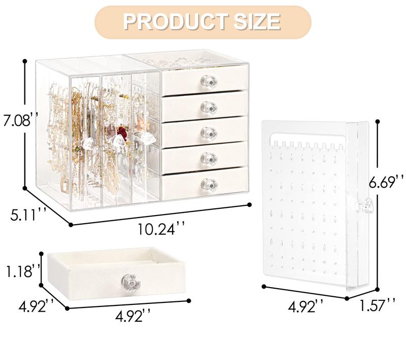 Clear Acrylic Jewelry Box with 4 Drawers - Stackable Velvet Earring Display Holder for Women, Little Girls Organiser