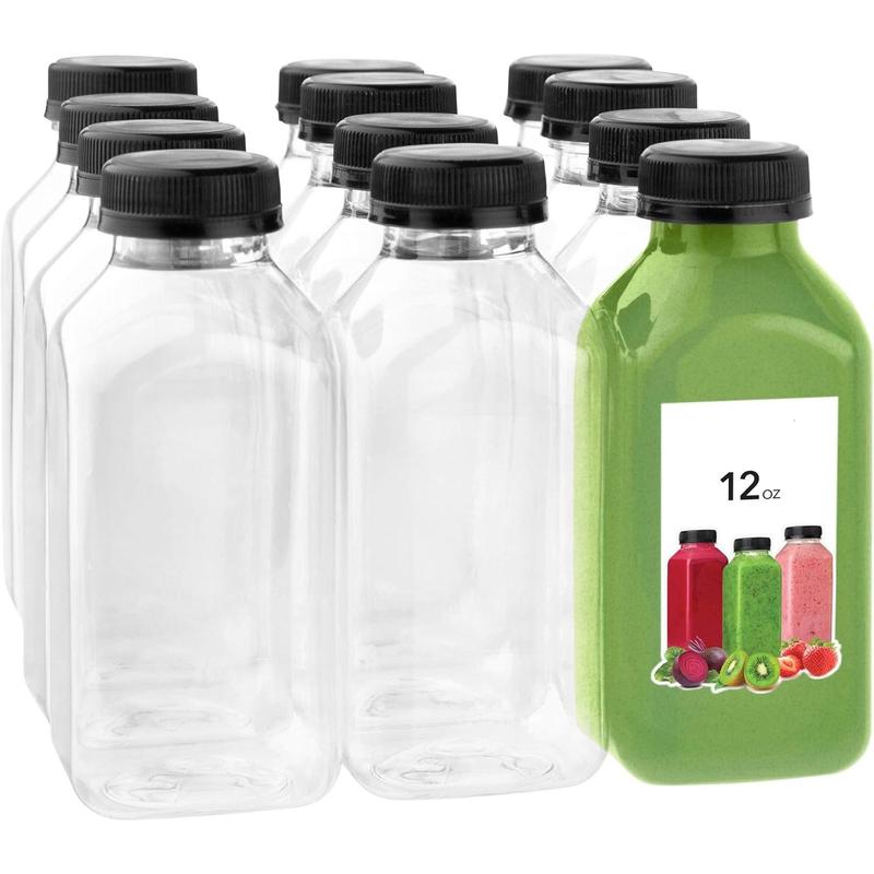 12 Oz Juice Bottles with Caps for Juicing (12 Pack) - Reusable Clear Empty Plastic Water Bottles - Drink Containers for Mini Fridge, Juicer Shots Includes Labels, Brush & Funnel