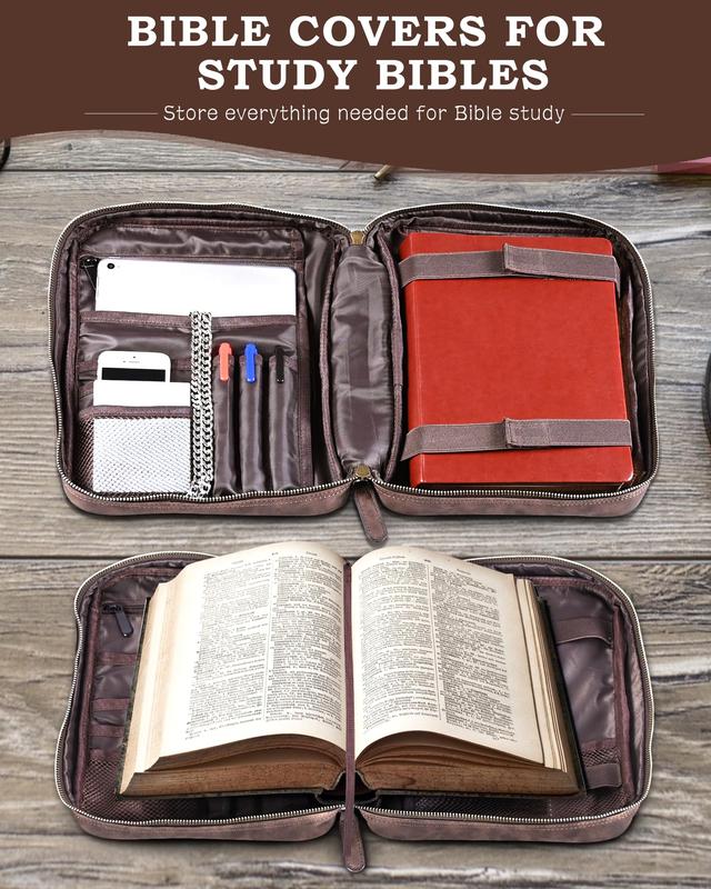 Extra Large Leather Bible Cover Case for Men Women with Multiple Pockets, Bible Carrying Case, Bible Cases for Woman, PU Leather Bible Bag Cover with Handle 11.8