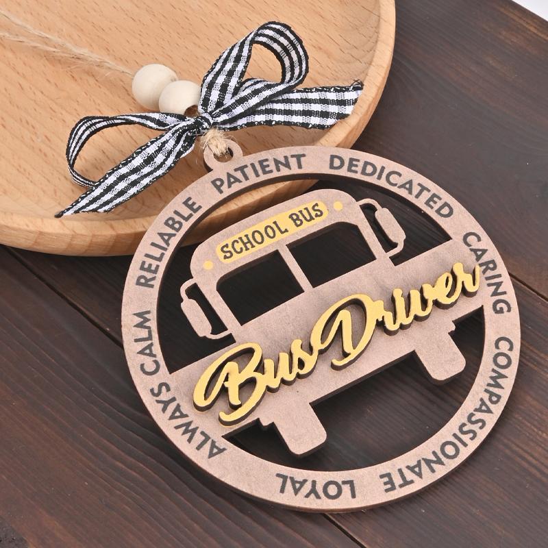 School Bus Design Wooden Hanging Ornament, 1 Count Creative Christmas Tree Pendant, Decoration for Backpack Student Bookbag Home Garden