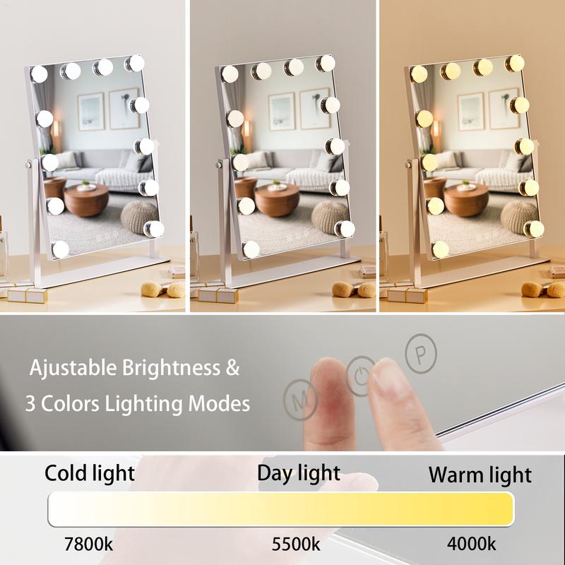 HIEEY Hollywood Vanity Mirror with 12 Dimmable Bulbs Lights , Three Color Lighting Modes, and 5X Magnification , Smart Touch Control, 360°Rotation (White,Gift Box)