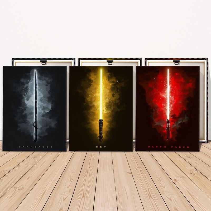 Wooden Framed Canvas Painting, 3 Counts set Lightsaber Pattern Wall Art Poster, Home Decor Poster for Living Room Bedroom Office