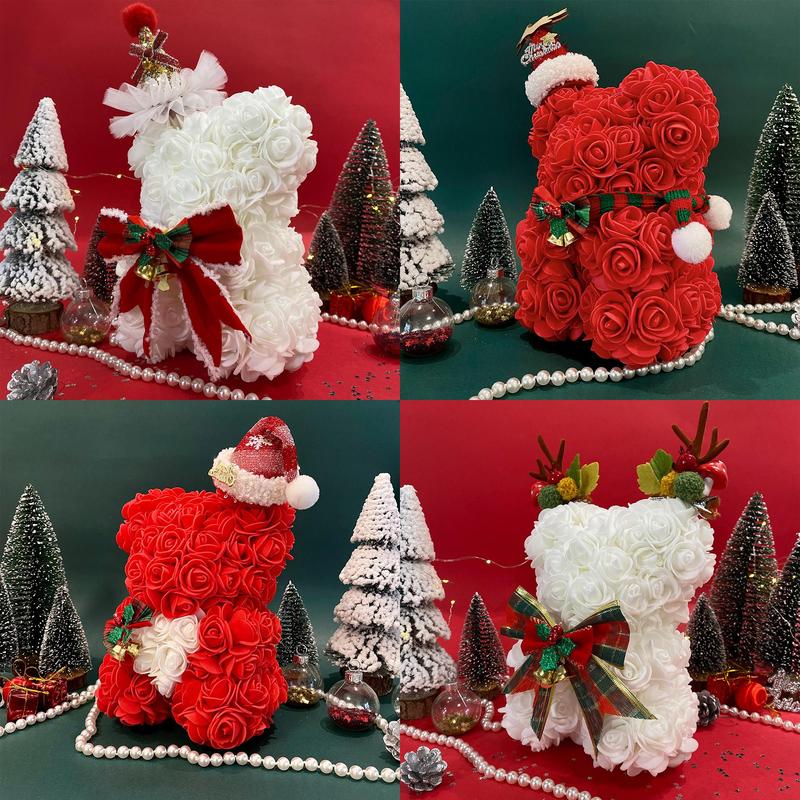 Christmas Themed Bear with Bowknot & Hat Decor, 1 Count Cute Simulated Rose Bear Ornaments, Romantic Gift for Women & Girls, Party Decoration Supplies