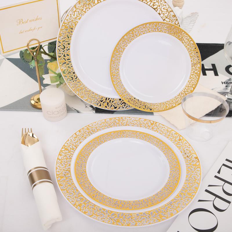 350 Pcs Gold Plastic Plates Disposable Silverware and Cups, Include:50 Dinner Plates 10.25”, 50 Dessert Plates 7.5” 50 Gold Rim Cups ,Gold Cutlery Set dinner plate