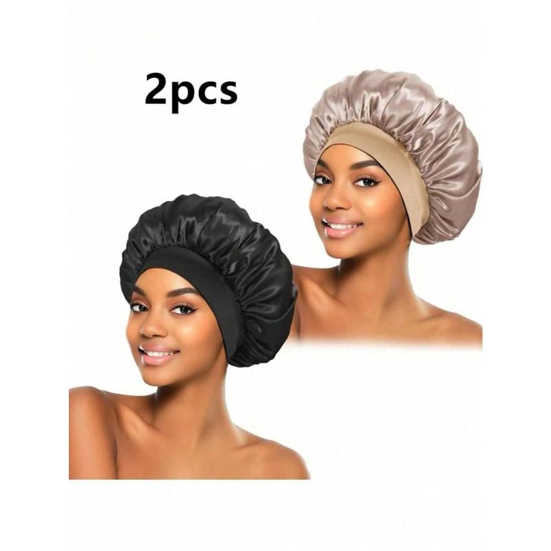 1 2pcs Silk Bonnet For Sleeping, Satin Hair Bonnets, Soft Elastic Band Silk Sleep Cap, Silk Hair Wrap For Curly Hair (Black Gold)