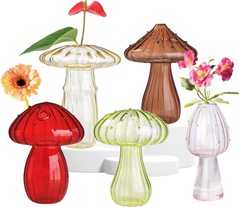 5 PCS Mushroom Shaped Glass Vase Set with Decorative Ornaments, Clear Hydroponic Planters for Flowers & Plants, Centerpiece Table Decor, Wedding & Party Home Decorations