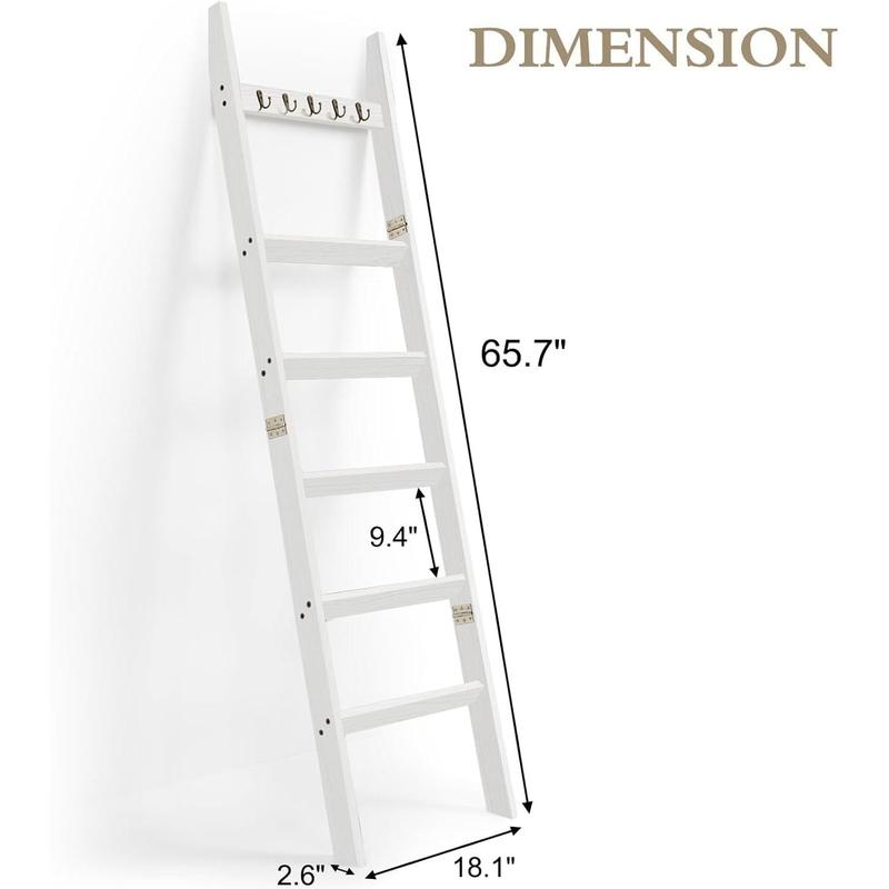 6-Tier Blanket Ladder with Hooks, 5.4 Ft Wall Leaning Blanket Ladders for Living Room, Rustic Decorative Ladder for Blankets, Quilts, Farmhouse Decor Ladder Shelf, Easy to Assemble, White