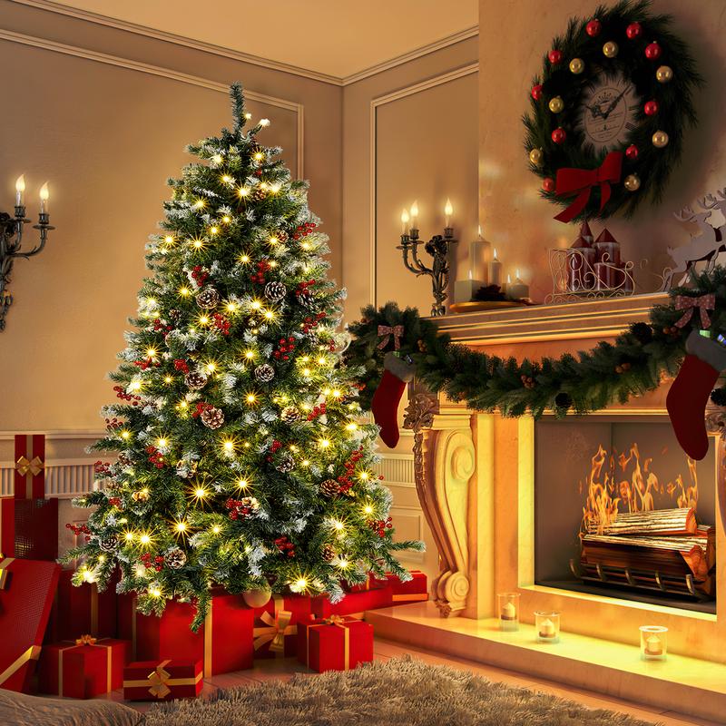 6FT Christmas Tree, Pre-Decorated Artificial Xmas Tree with 250 Warm White Lights, Pine Cones& Berries, 800 Flocked Frosted Tips for Christmas Decor