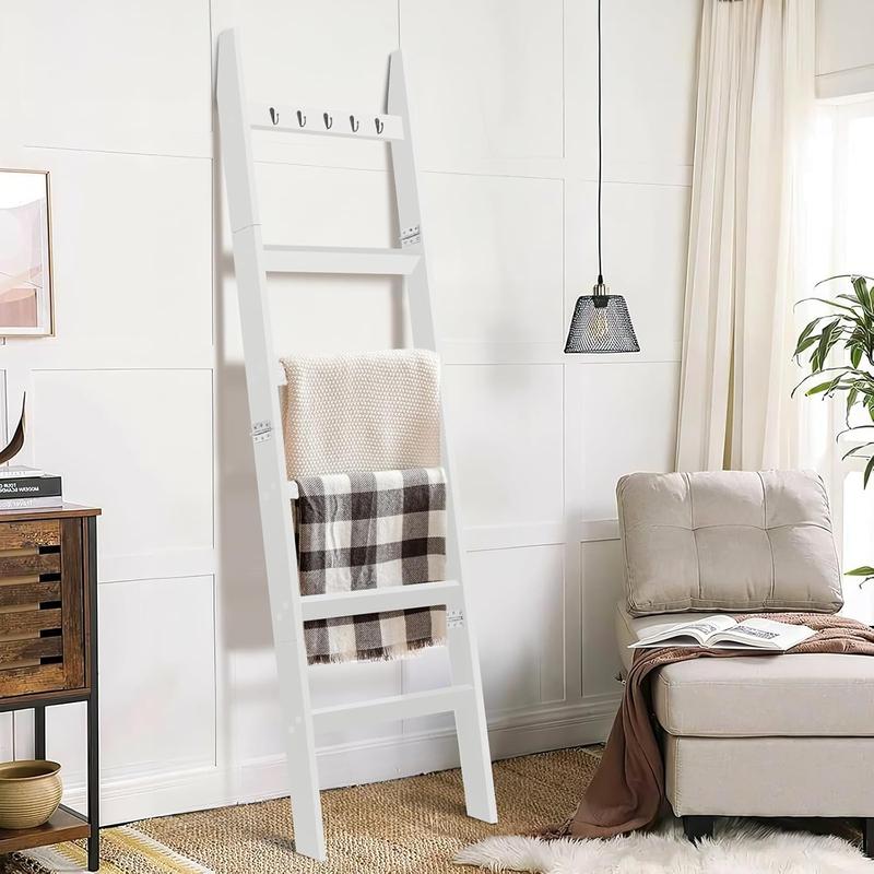 6-Tier Blanket Ladder with Hooks, 5.4 Ft Wall Leaning Blanket Ladders for Living Room, Rustic Decorative Ladder for Blankets, Quilts, Farmhouse Decor Ladder Shelf, Easy to Assemble, White