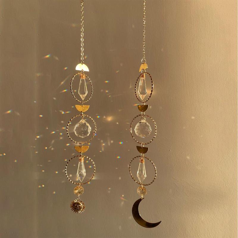 Artificial Crystal Hanging Suncatcher, 1 Count Moon & Sun & Round Shaped Bohemian Hanging Decor for Home Living Room Bedroom, Home Decor Supplies