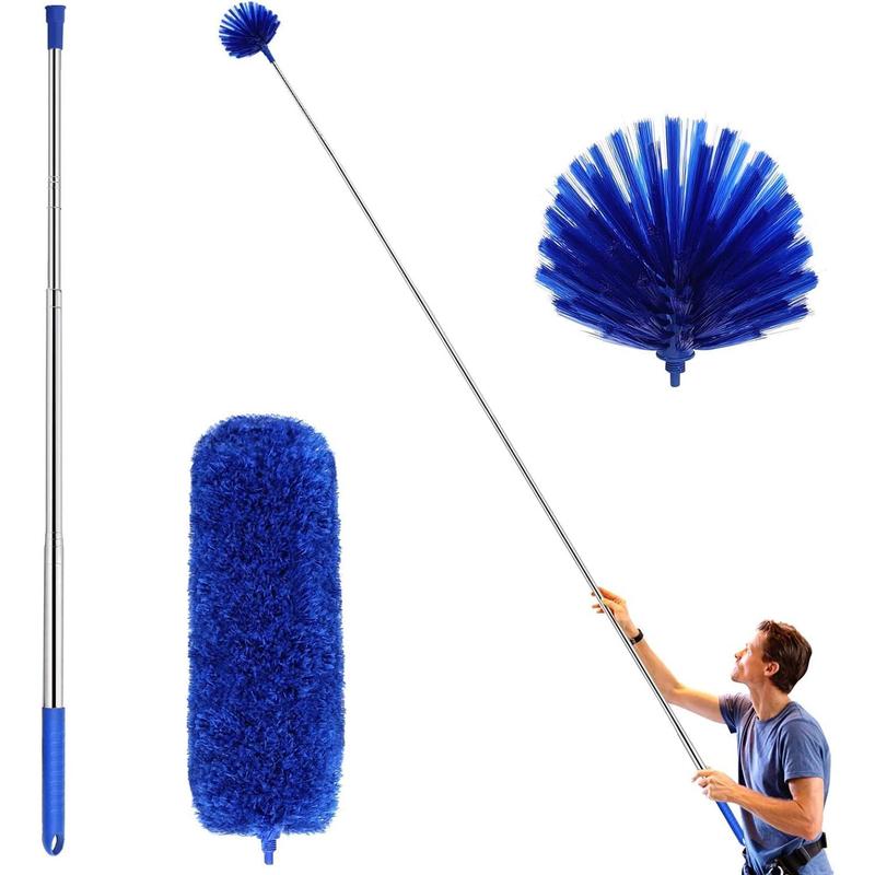 Ceiling Fan Duster with Extension Pole, Cobweb & Corner Brush Cleaning Kit w 2 Duster Heads for Cleaning,15-100 Inch Long Handle Aluminum Telescoping Pole, Washable