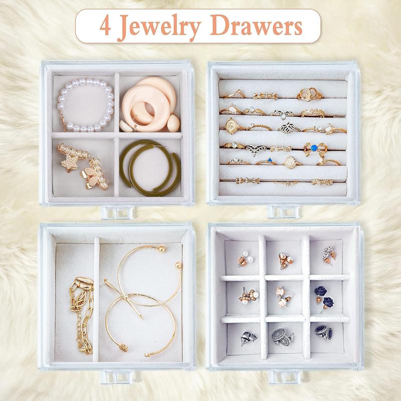 Clear Acrylic Jewelry Box with 4 Drawers - Stackable Velvet Earring Display Holder for Women, Little Girls Organiser