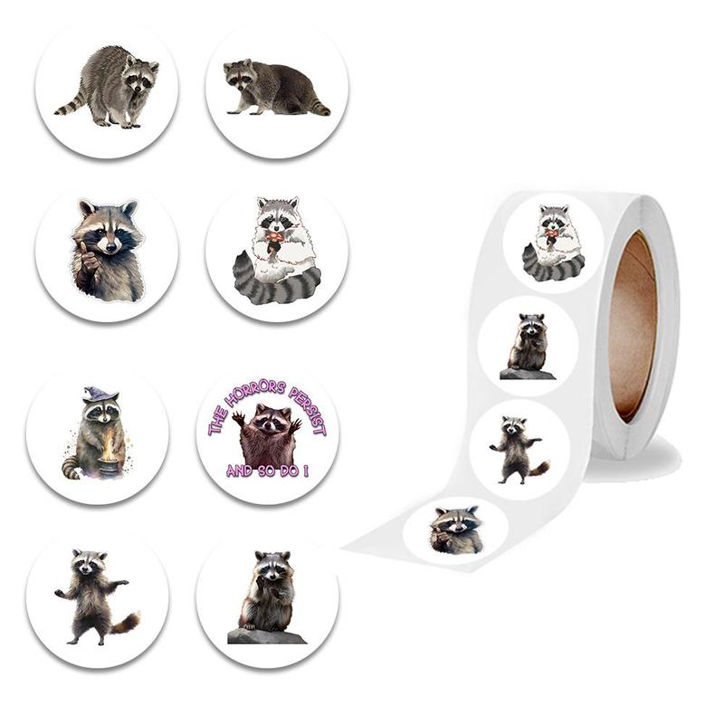 Lovely Raccoon Stickers, 1 Roll Colorful Cute Round Decorative Stickers, Stationery Seal Label Stickers for Mobile Phones, Tablets, Laptops,  Desktops