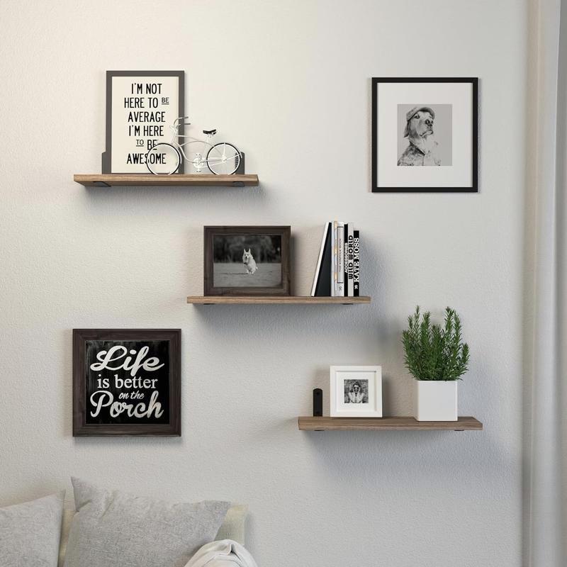 3 Sets of Wooden Wall Floating Shelves - Rustic Brown Decor. For Wall Décor, Bathroom Storage, Bedroom, Living Room.